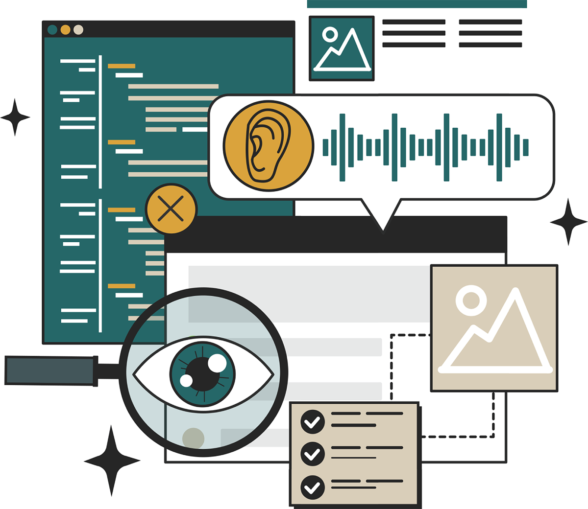 A graphic illustrating various forms of disabilities including visual impairment and hearing impairment.